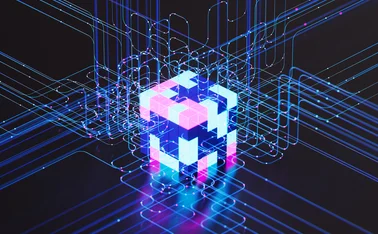Futuristic 3D cube made of glowing digital blocks in blue and pink, interconnected by neon circuit-like lines on a dark background, symbolizing data technology or data networks.