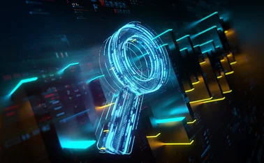 Digital search icon in front of a futuristic cityscape that looks like computer servers