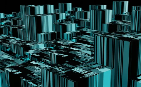 Abstract 3D cityscape rendered in cyan and black, featuring geometric skyscrapers with digital, striped patterns, resembling a futuristic urban environment
