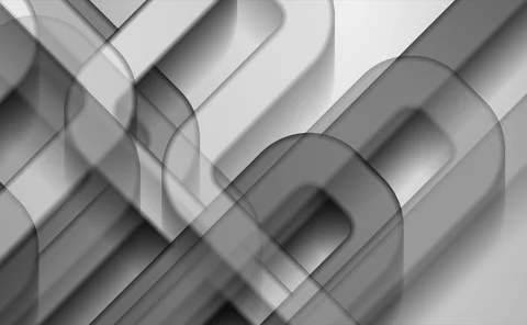 Abstract 3D geometric background in grayscale with overlapping rounded rectangles and layered shadows, symbolizing modern digital design and technology concepts