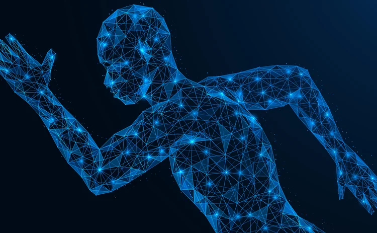 A running man. The technique of the hands when moving. Healthy lifestyle. Polygonal design of interconnected lines and points. Blue background.